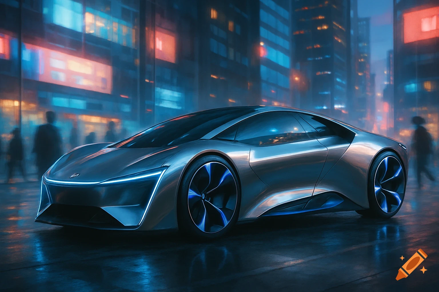 A sleek, futuristic silver sports car with blue neon accents parked on a wet city street at night, with blurred city lights in the background.