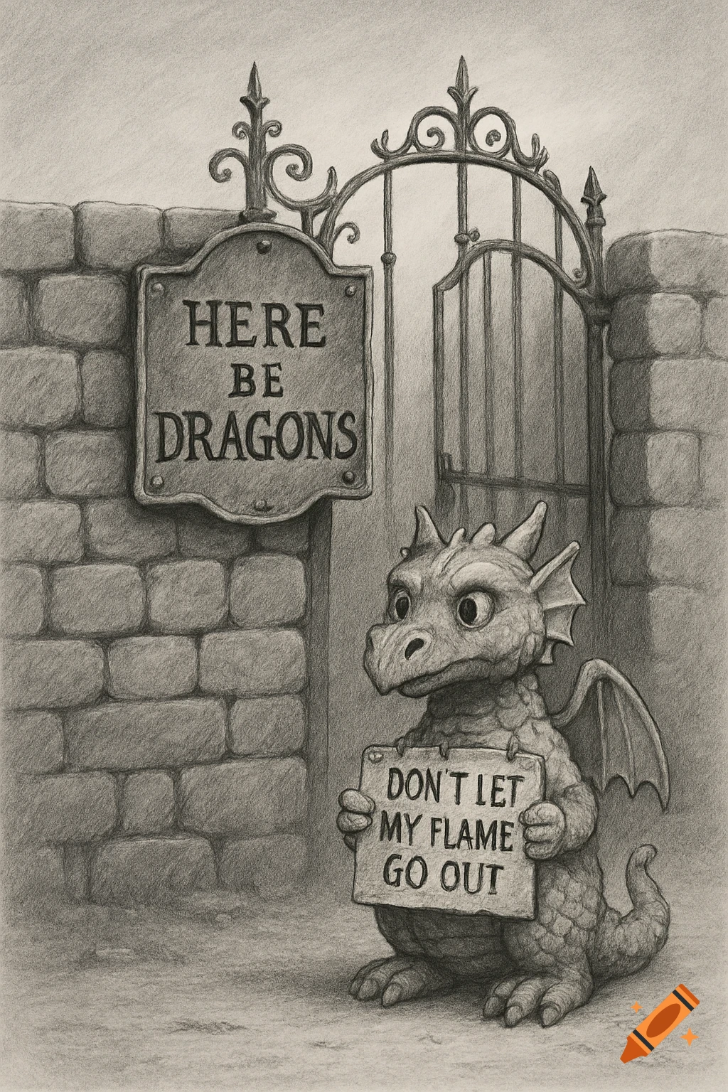 Black and white pencil drawing of a baby dragon holding a sign 'Don't Let My Flame Go Out' next to a gate with a sign 'Here Be Dragons'.