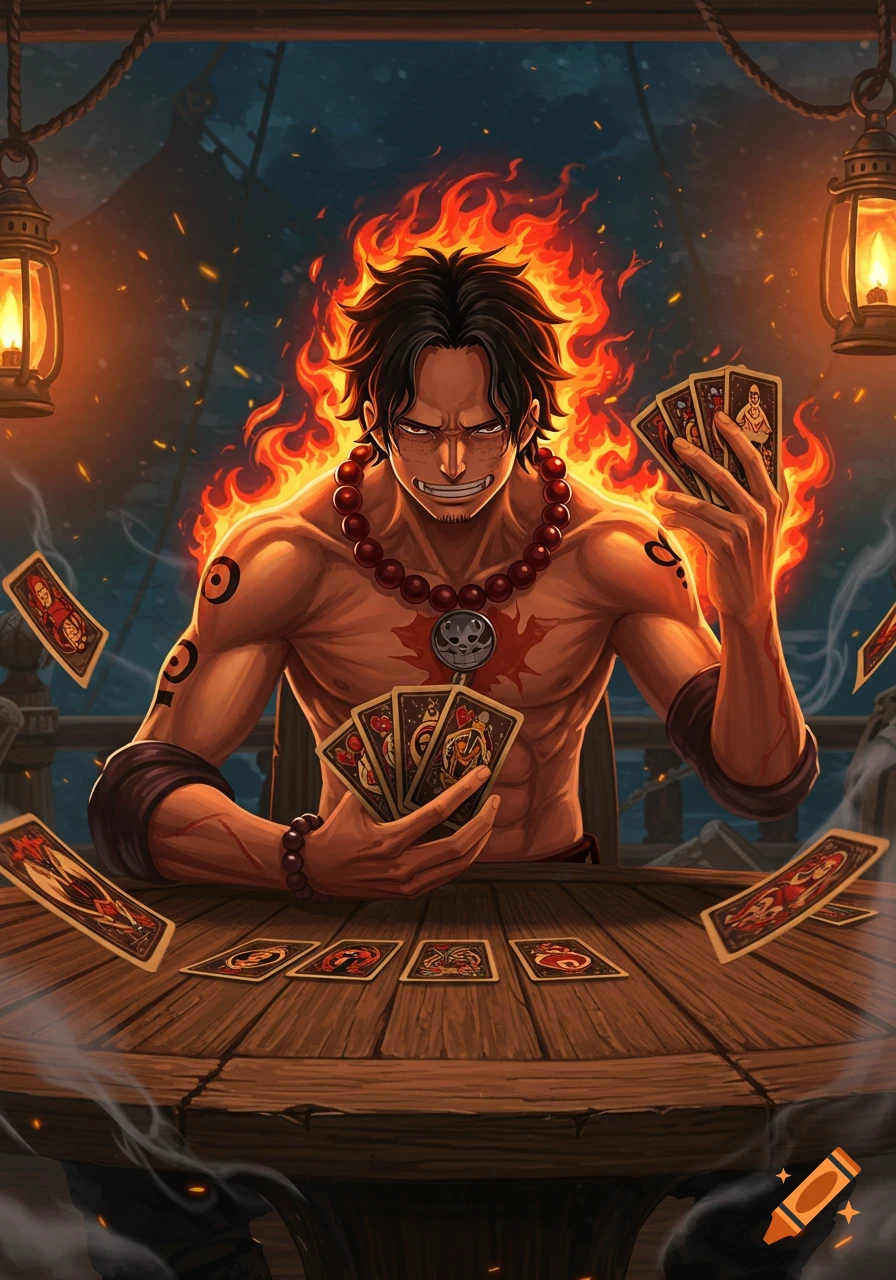 Anime man with flames, sitting at a wooden table on a ship and playing cards.