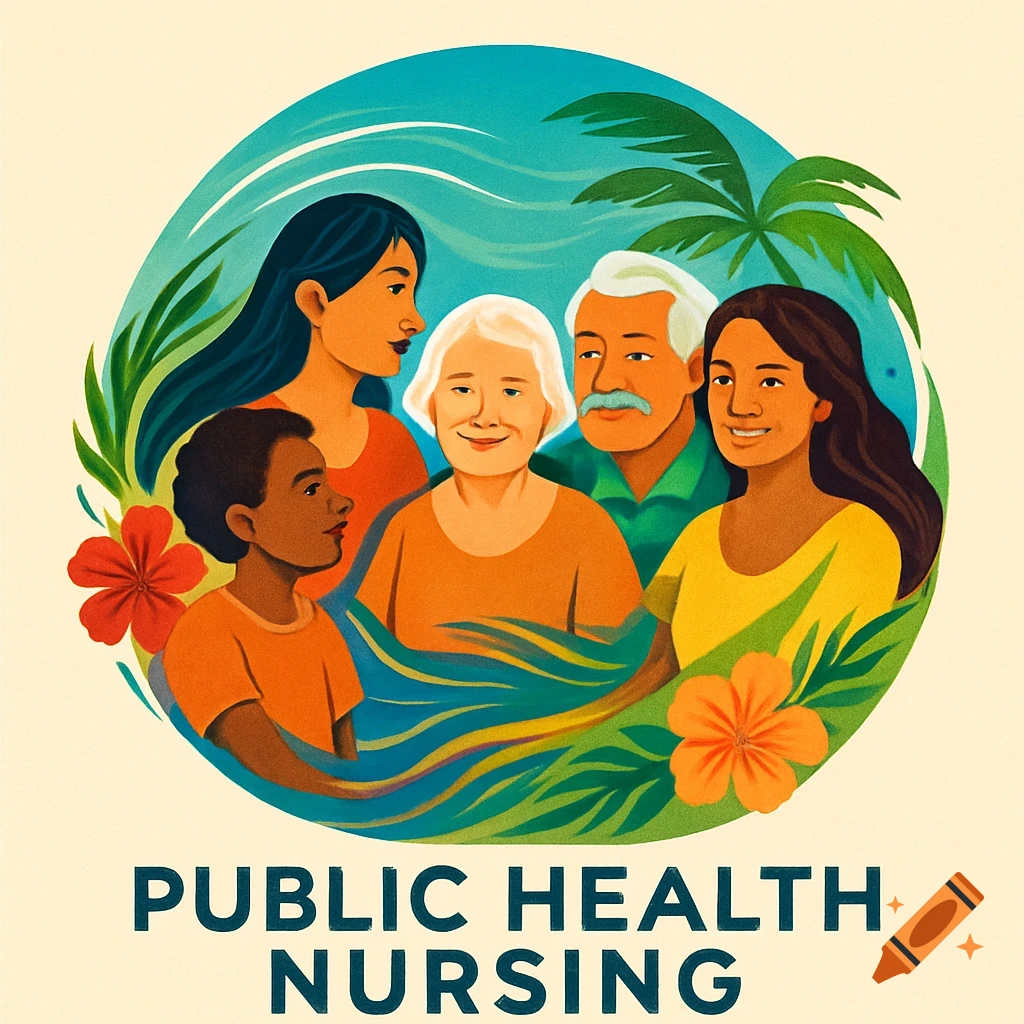Illustration of a diverse, multi-generational group within a tropical, circular frame, with "PUBLIC HEALTH NURSING" text below.
