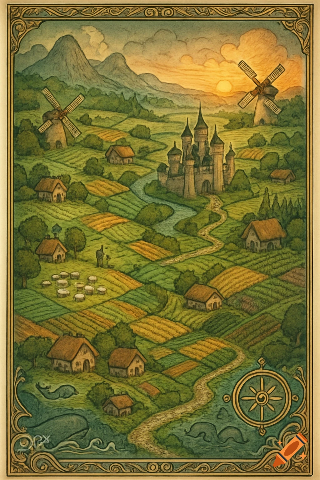 Whimsical fantasy map of a kingdom with a castle, villages, windmills, and farmland at sunset, with decorative borders.