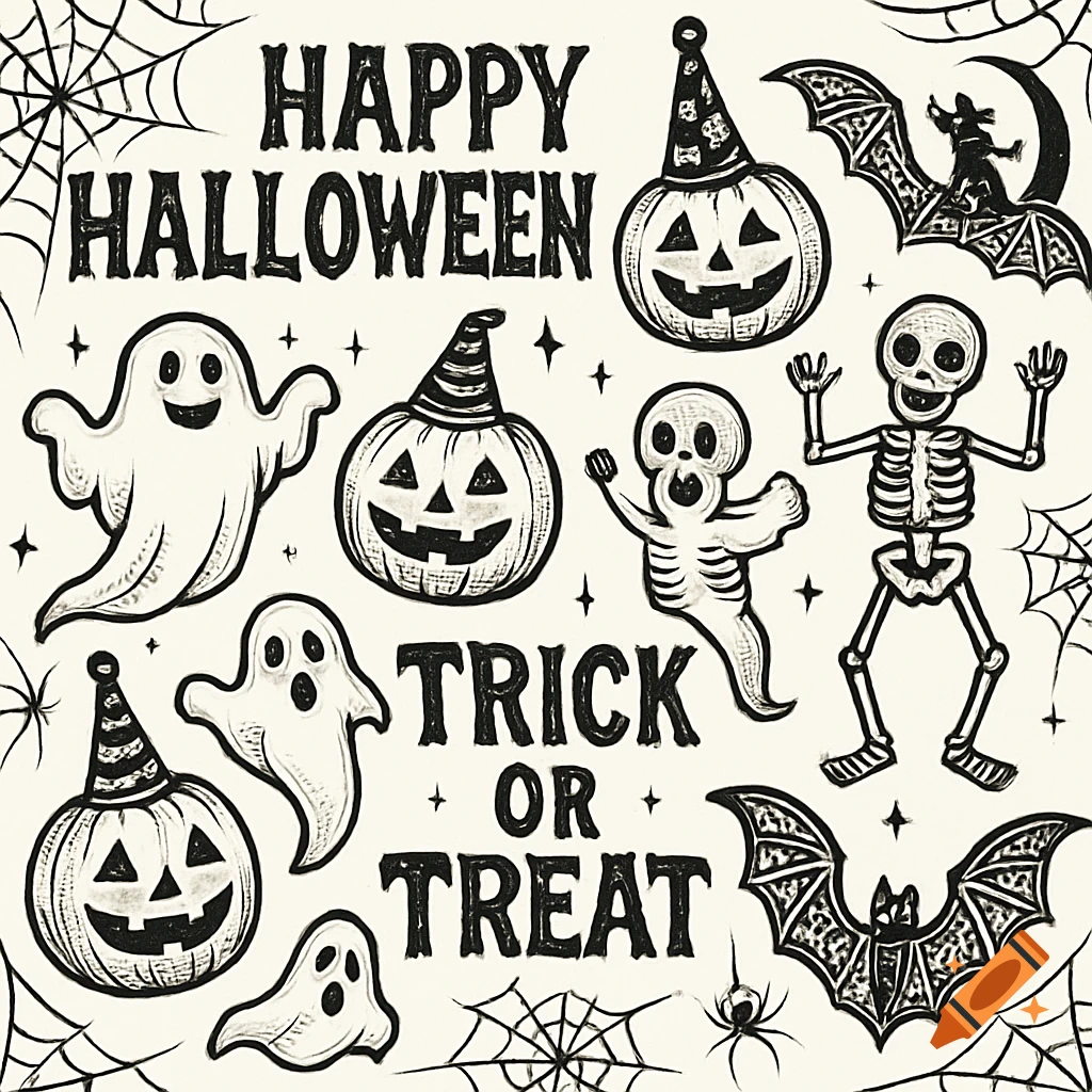 A black and white Halloween illustration with ghosts, jack-o'-lanterns, skeletons, bats, and spiders. Text reads 'HAPPY HALLOWEEN' and 'TRICK OR TREAT' in a distressed line art style.