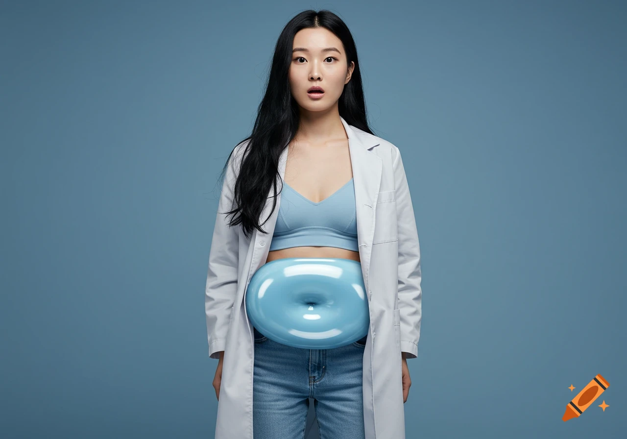 A young Asian woman with a surprised expression, wearing a lab coat and jeans, has a large, glossy light-blue inflated belly.