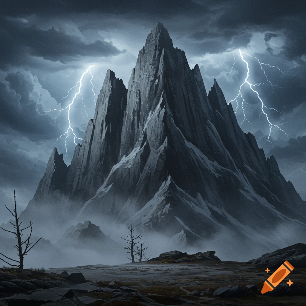 A dark, jagged mountain under a stormy sky with bright lightning strikes, surrounded by mist and bare trees.