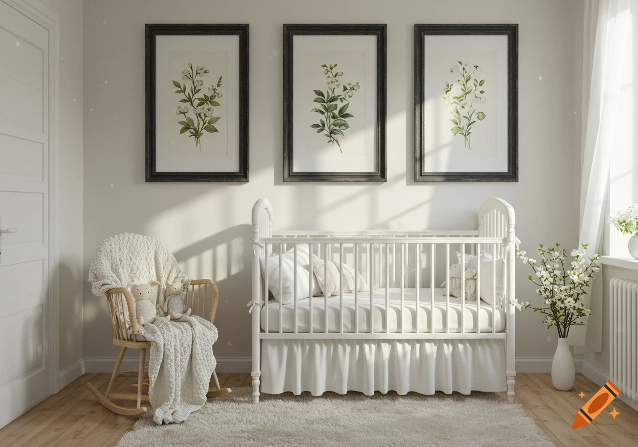 A cozy, white baby nursery with a crib, a rocking chair, and three framed botanical prints on the wall.