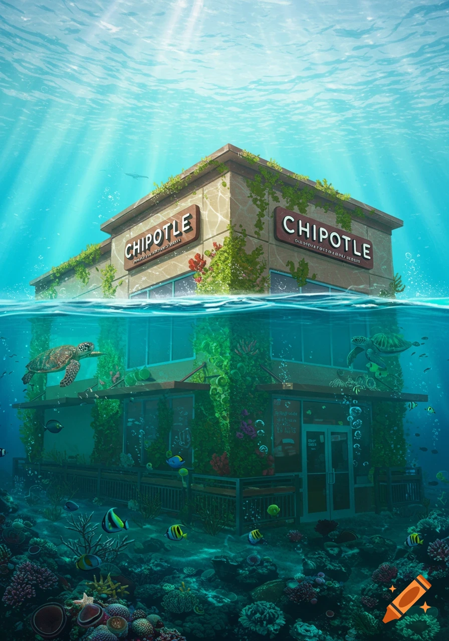 A stylized Chipotle restaurant building, half submerged in a clear blue ocean with sun rays shining through the water, surrounded by colorful coral reefs, fish, and sea turtles.