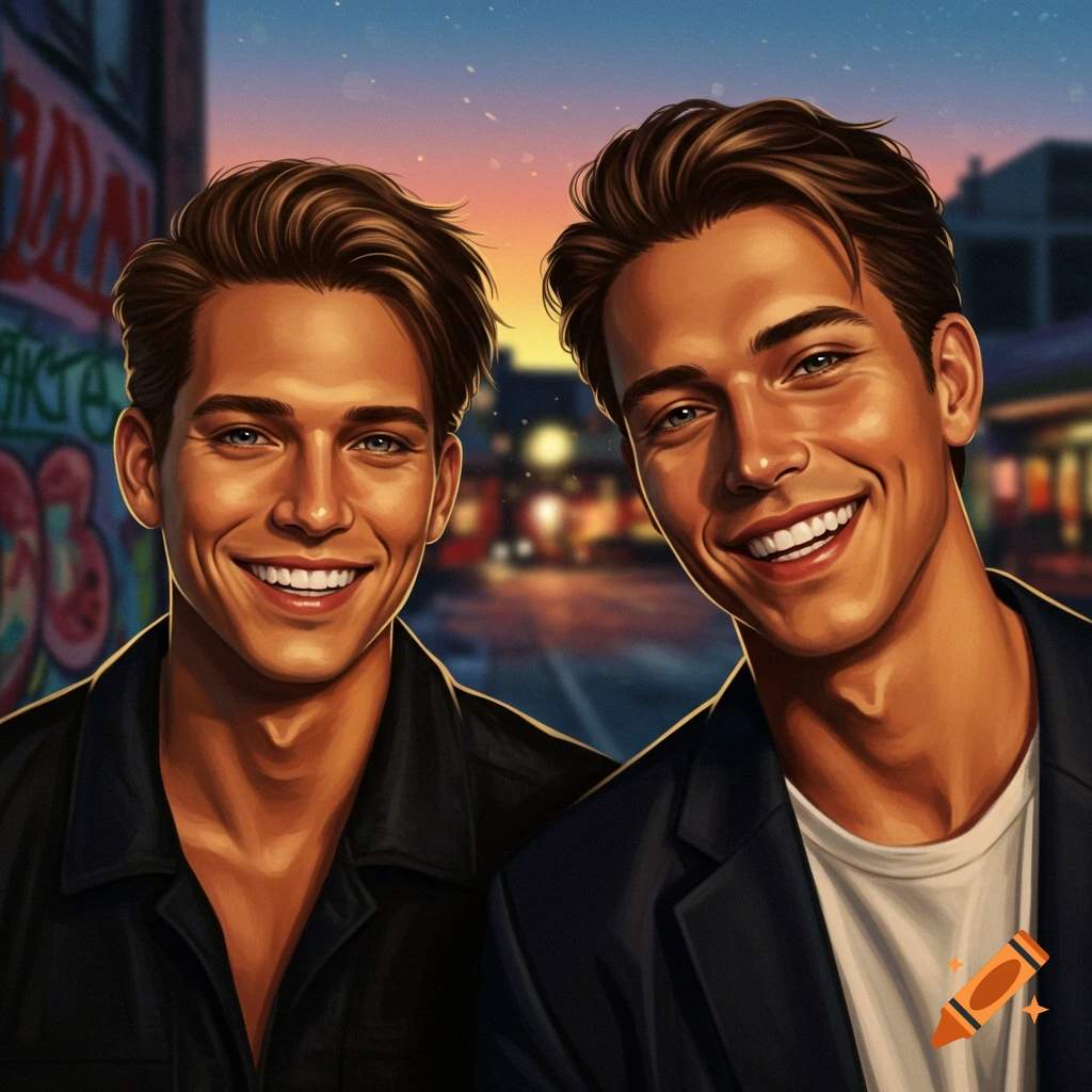 Two smiling young men with blue eyes and brown hair in a cartoonish style against a blurry city background at dusk.