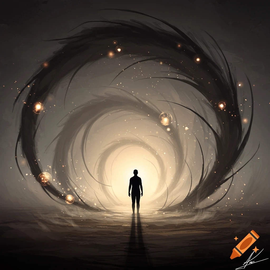A silhouetted person stands before a bright light in a dark, swirling abstract portal, surrounded by glowing orbs.