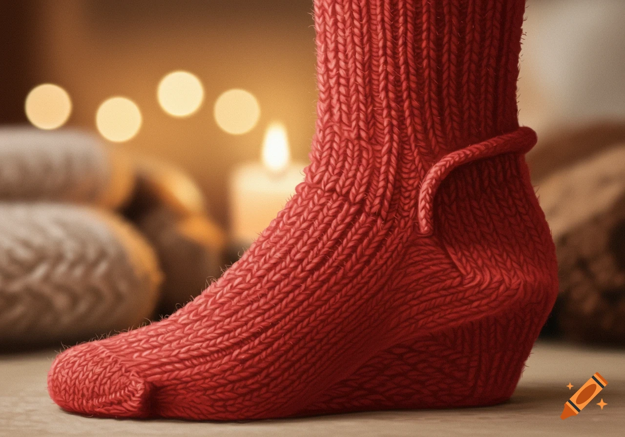 A close-up of a red hand-knitted sock showing the heel flap, gusset, and wedge toe, against a blurred background with warm candle lights.