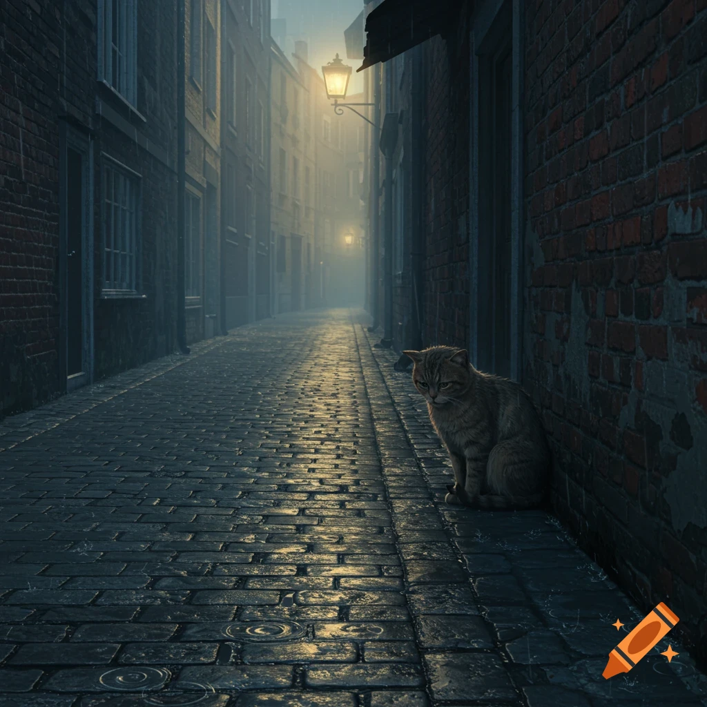A photorealistic image of a sad-looking cat sitting by a brick wall in a dark, wet, rainy alleyway with glowing streetlamps.