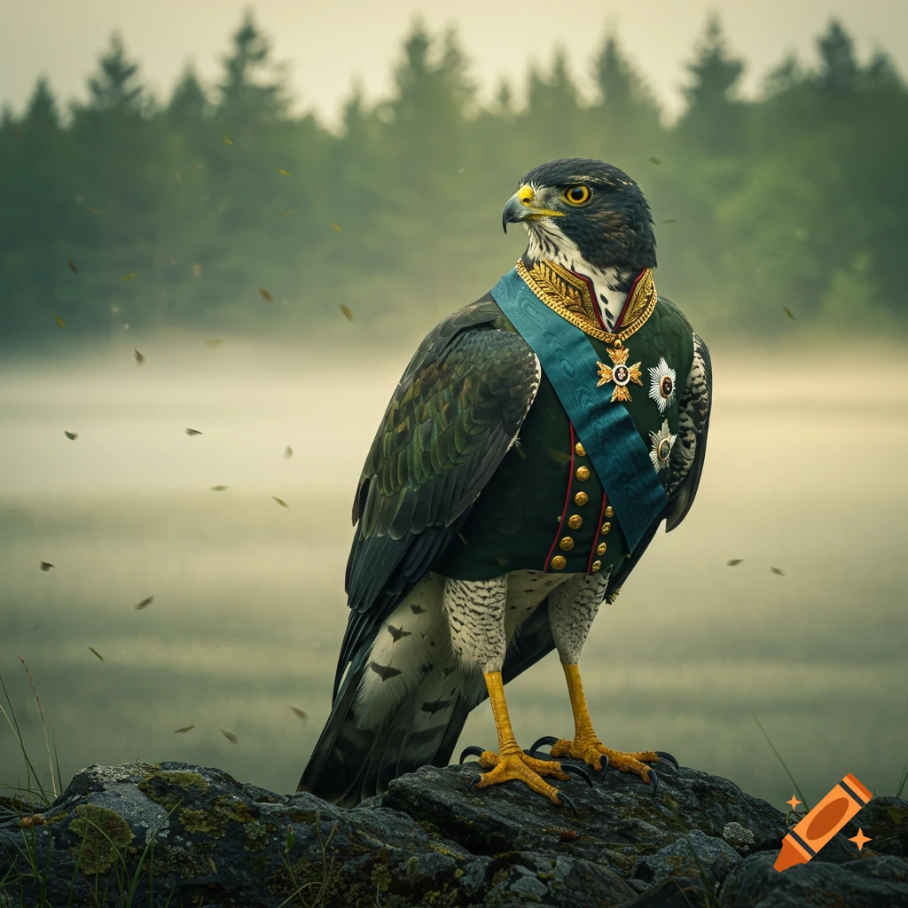 A majestic hawk in a dark green military officer's uniform, adorned with medals and a blue sash, stands on a mossy rock by a misty lake.