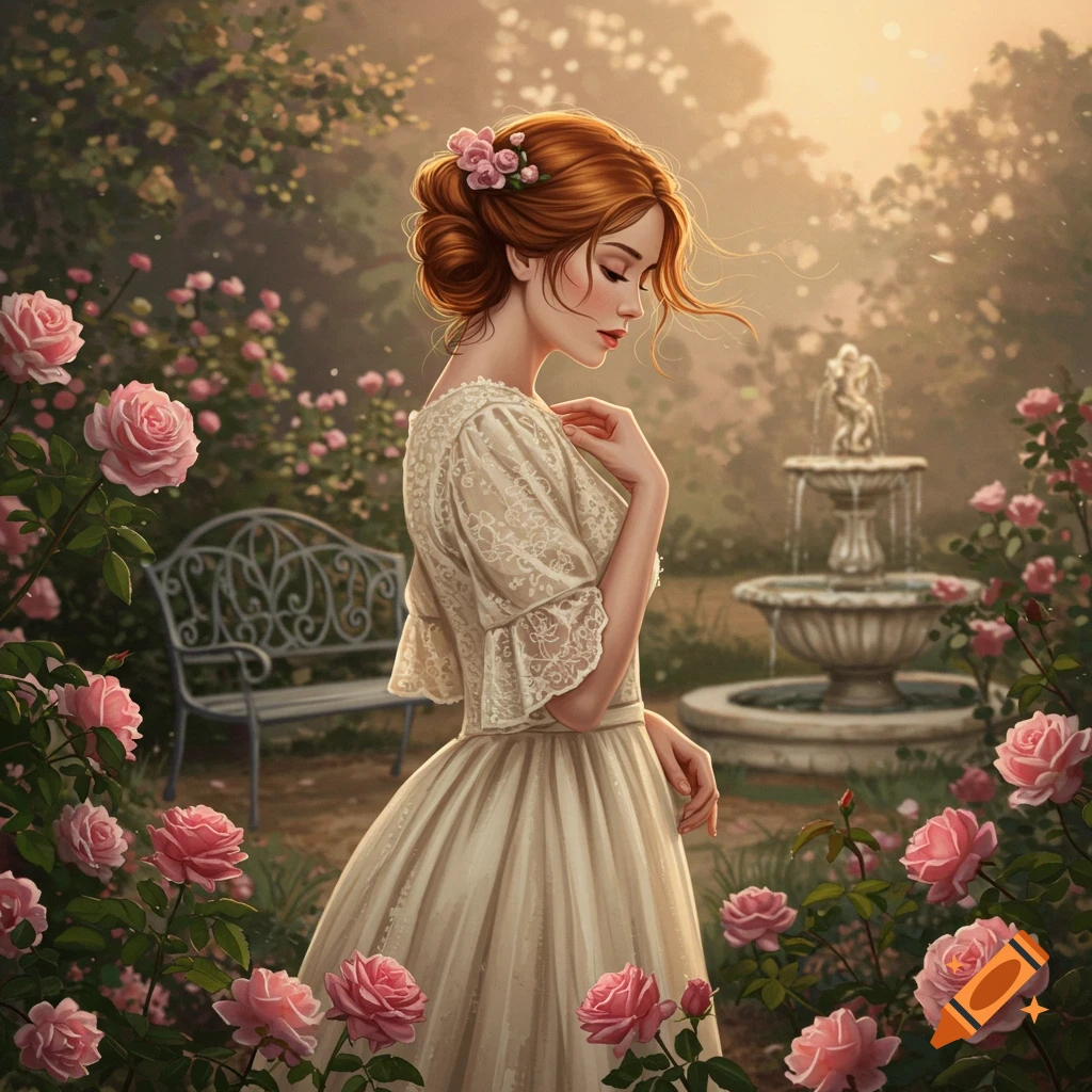 A red-haired woman in a light dress stands in a rose garden with a fountain, painted in a classical style.