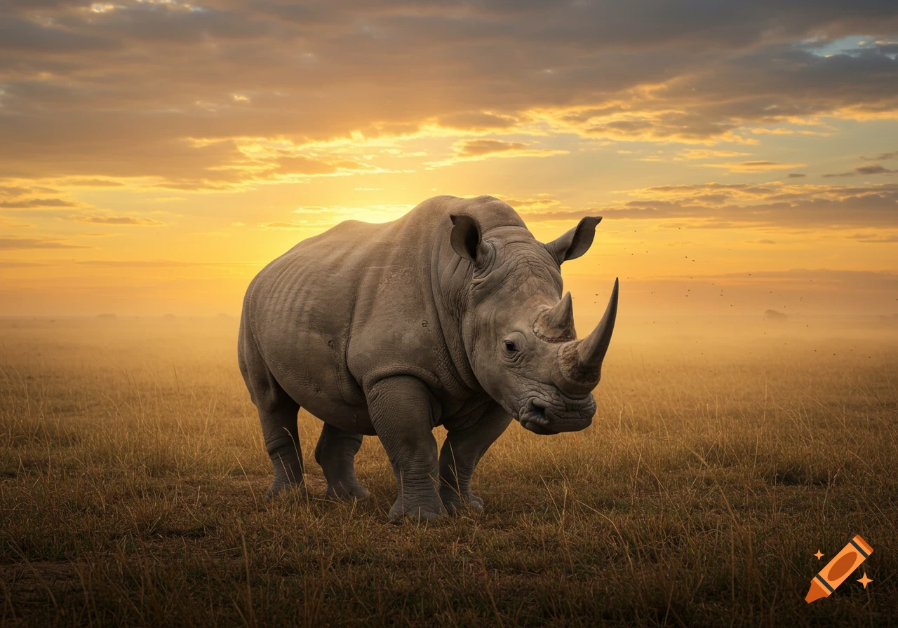 A photorealistic rhinoceros stands in a grassy savanna at sunset under an orange and grey sky.