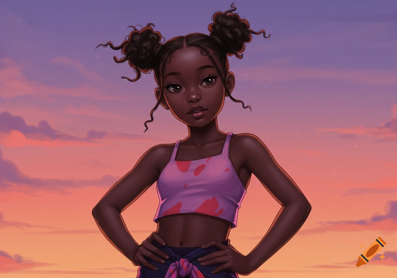 Digital art illustration of a young Black girl with two curly buns, wearing a pink crop top, standing against a colorful sunset sky.