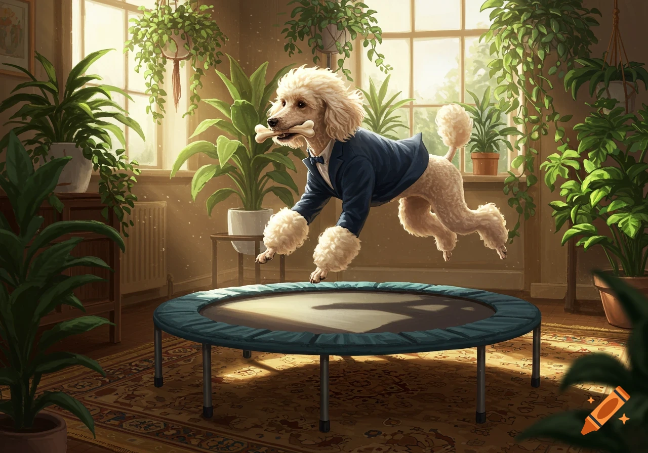 A cream standard poodle wearing a blue suit jumps in the air above a mini-trampoline in a plant-filled carpeted room. The dog holds a bone in its mouth.