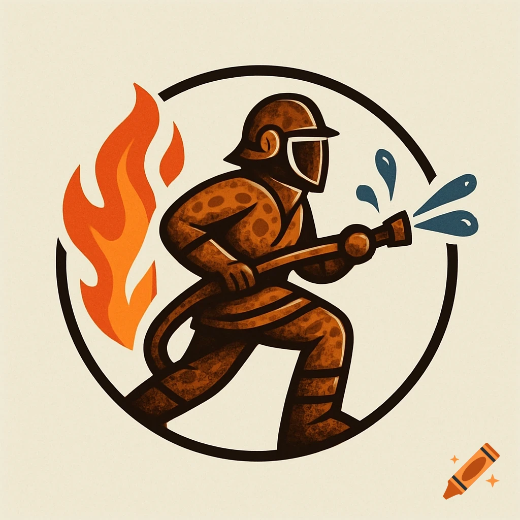 Stylized logo of a firefighter with a hose, fire, and water elements, set against a light background.