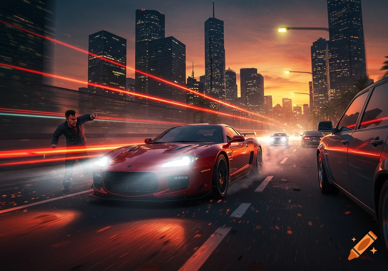 A red sports car speeds down a city street at sunset, with light trails, a man reacting, and skyscrapers in the background.