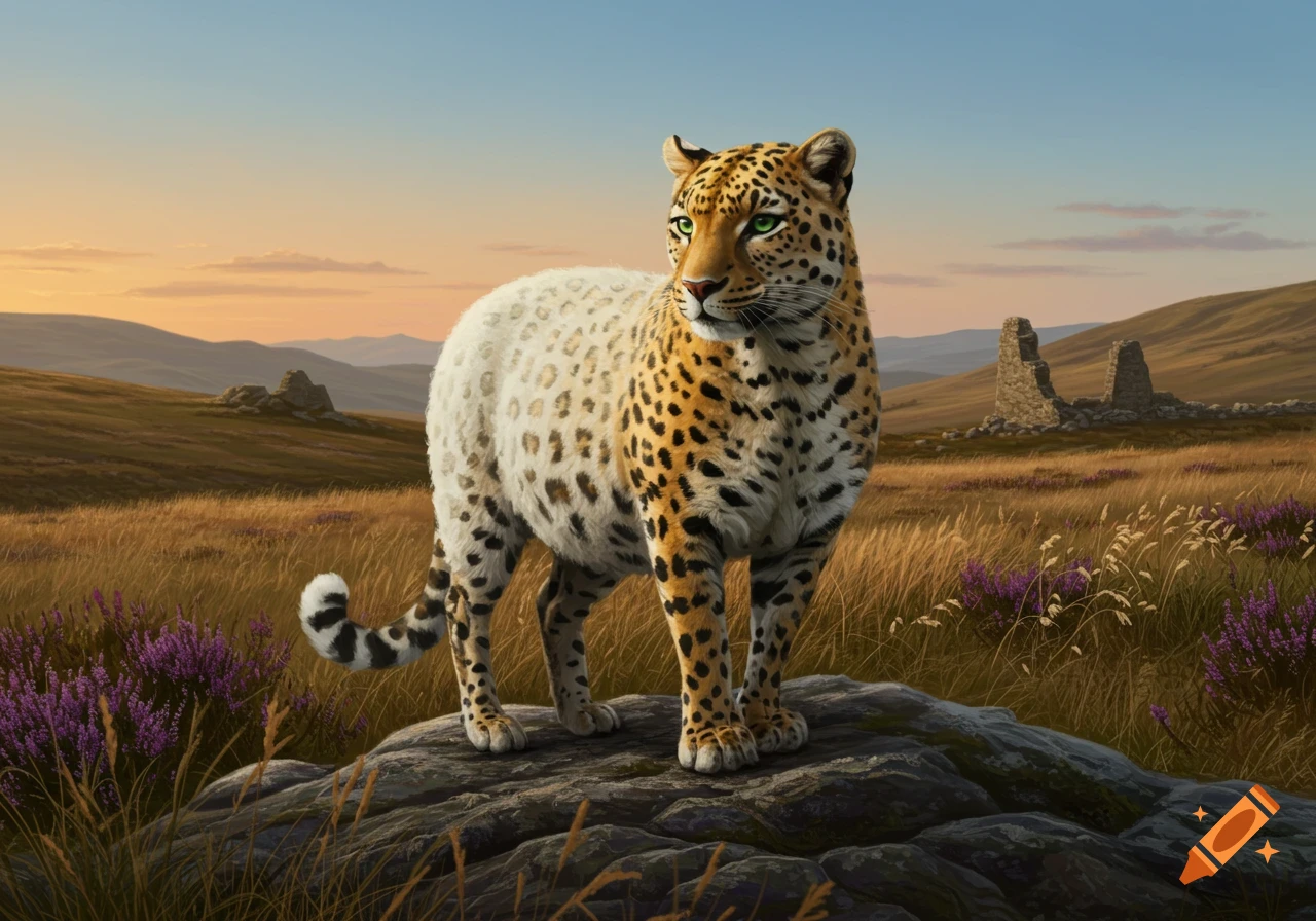 A unique hybrid creature, half leopard and half sheep, stands on a rock in a golden field with distant ruins at sunset.