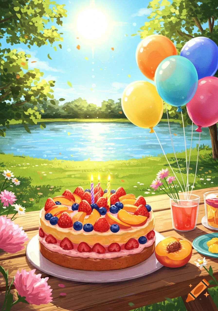 A vibrant illustration of a birthday cake with fruit and lit candles on a picnic table by a sunny lake with balloons.