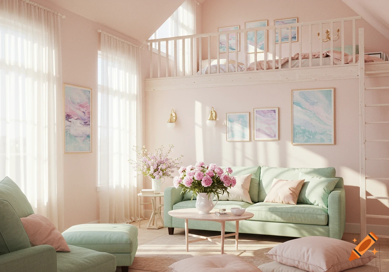 A bright, pastel-colored loft room with a mint green sofa, a coffee table with flowers, and a bed on the upper loft level.