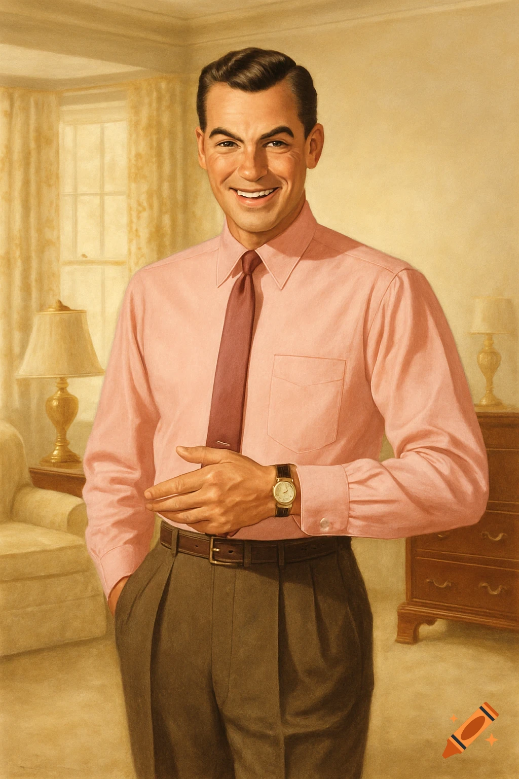A smiling man in a pink shirt and tie, in a vintage 1950s ad style portrait.