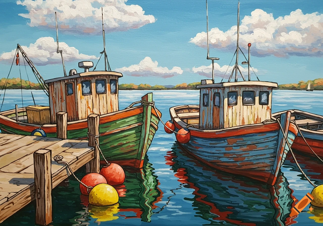 A vibrant folk painting of two colorful fishing boats tied to a wooden dock with buoys on a sunny day.