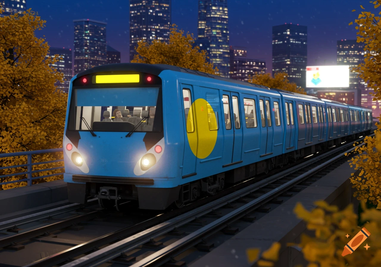 A blue metro train with the Palau flag design on its side travels on tracks at night, surrounded by city buildings and autumn trees.