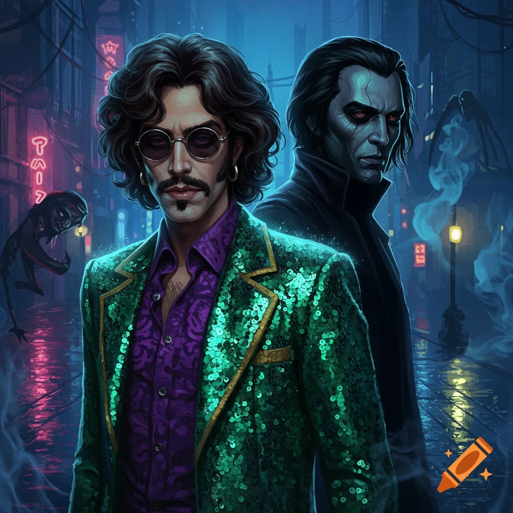 Two stylized men, one in a green sequin jacket and sunglasses, the other a pale figure with red eyes, stand on a dark, neon-lit city street in a stylized illustration.