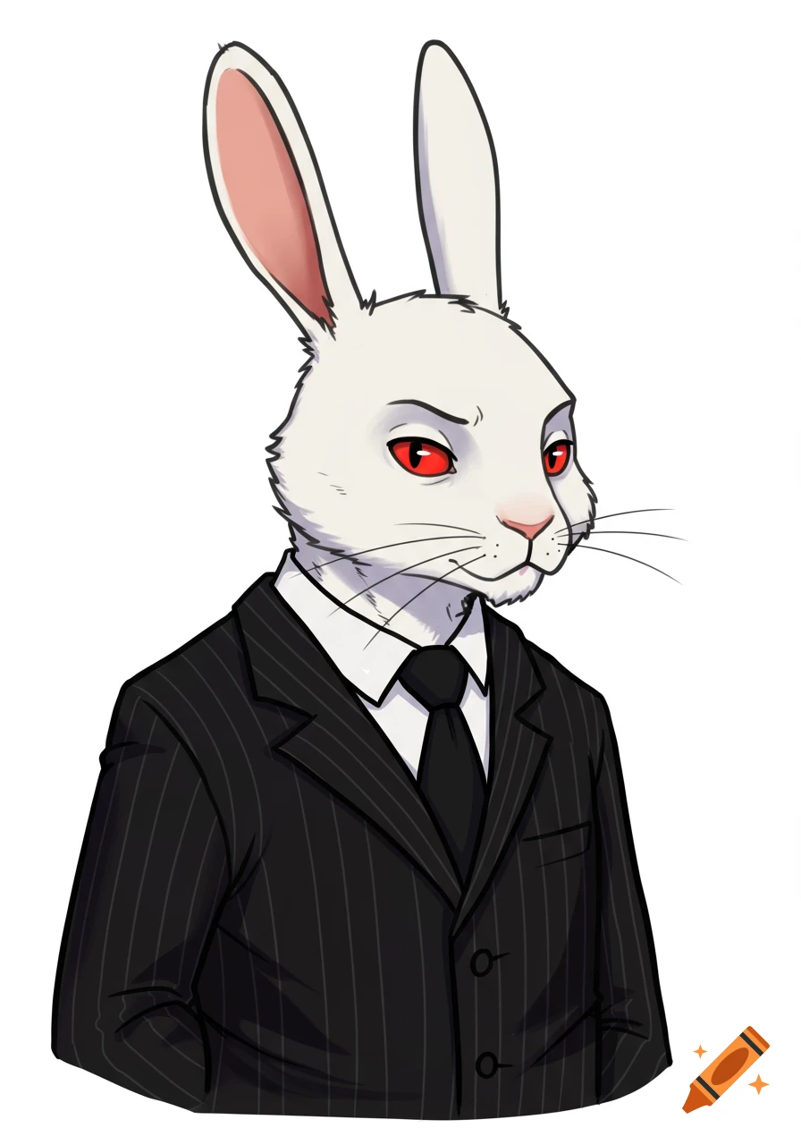 A white humanoid rabbit with red eyes wearing a black pinstripe suit and tie, in a cartoon style.