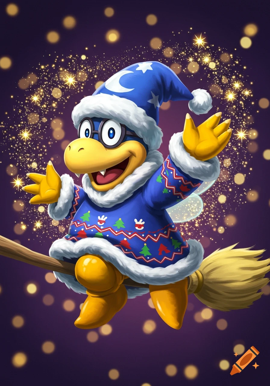 Kamek from Super Mario Bros in a blue Christmas sweater and Santa hat, flying on a broom amid golden sparkles.