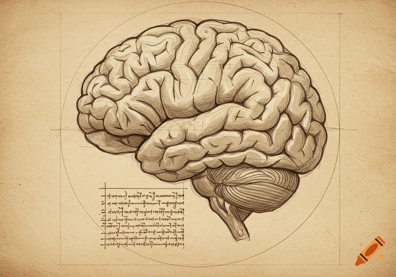 A vintage scientific drawing of a human brain in profile, rendered in the style of Leonardo da Vinci on aged parchment.