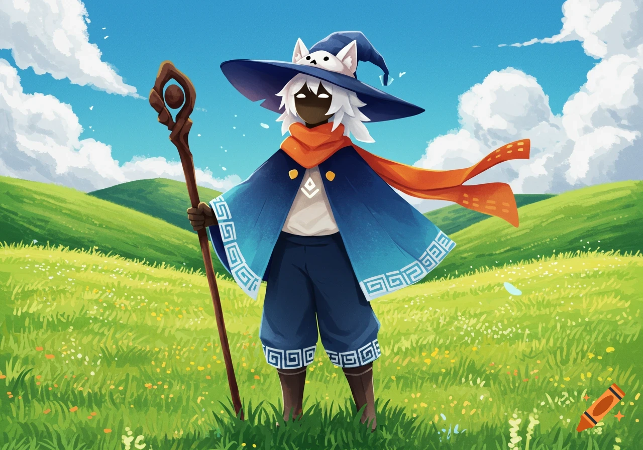 An illustration of a character from Sky: Children of the Light, wearing a wizard hat with fox ears, an orange scarf, and a blue cape, holding a staff in a grassy meadow under a blue sky.