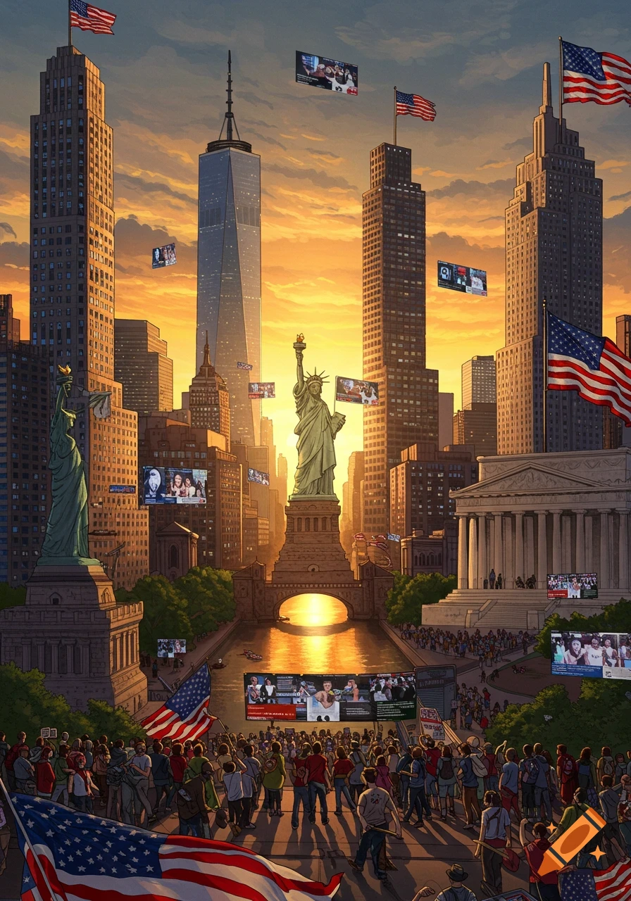 An illustration of a bustling New York City skyline at sunset, featuring the Statue of Liberty, One World Trade Center, and other prominent buildings adorned with American flags. A large crowd gathers below, with multiple screens displaying various images in the scene.