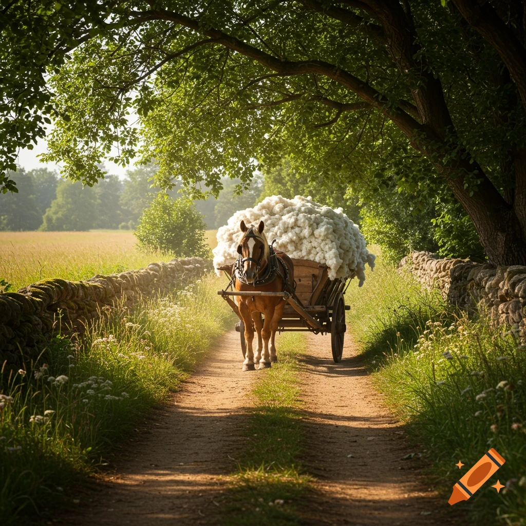 A horse pulls a cart overflowing with cotton down a dirt road lined with stone walls and trees.