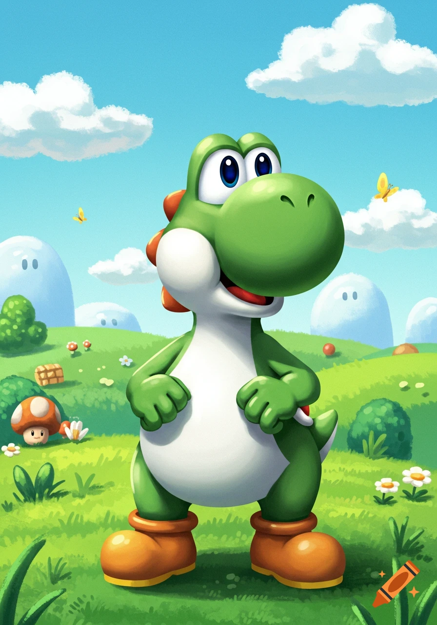 Yoshi stands in a vibrant green field with white clouds in a blue sky. Mushrooms, bushes, and flowers dot the landscape.