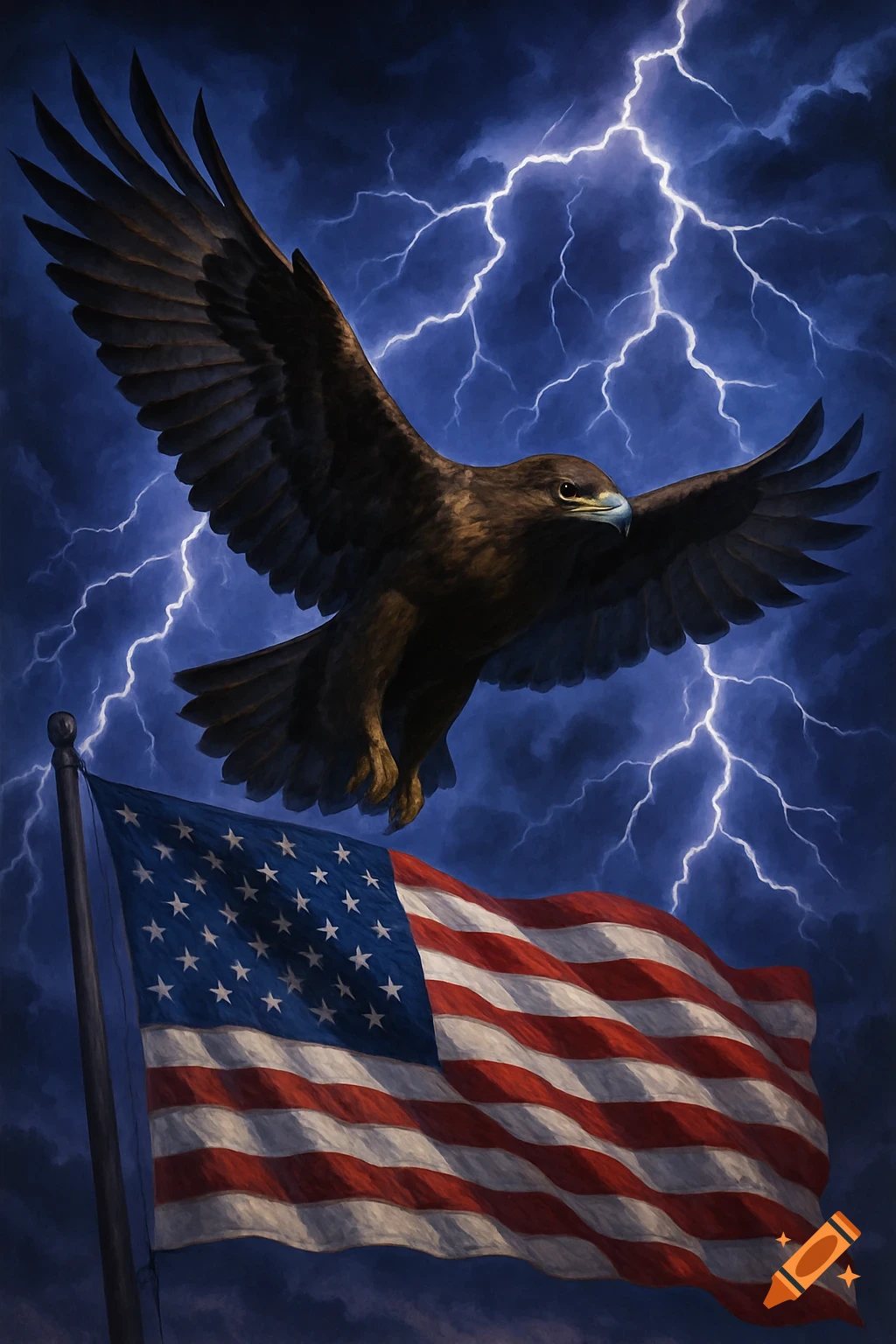 A majestic eagle flies with outstretched wings in front of a stormy, lightning-filled sky, above a waving American flag.