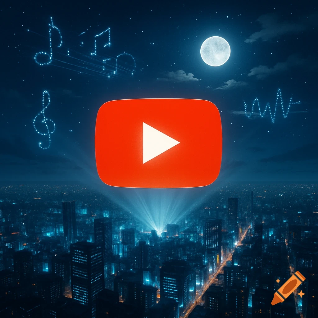 A glowing red YouTube play button hovers over a futuristic city at night, illuminated by blue lights, with musical notes and a moon in the sky.