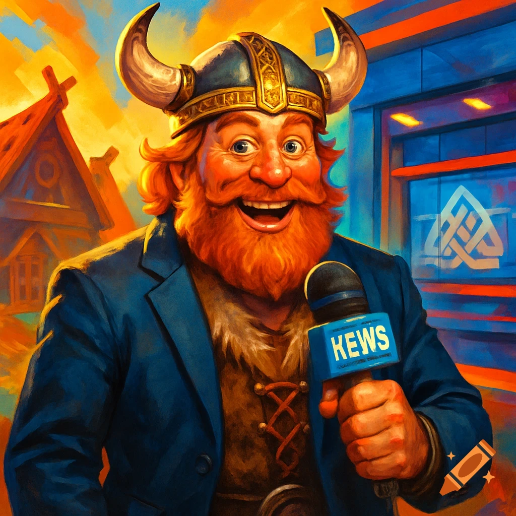 A cheerful, red-bearded Viking in a horned helmet and blazer holds a microphone with 'KEWS' on it, in a vibrant cartoon style.