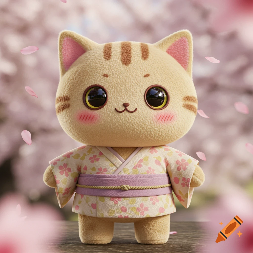 A cute plush cat toy wearing a pink and yellow floral kimono stands amidst falling cherry blossoms.