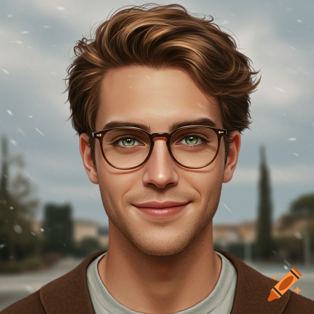 A photorealistic headshot of a smiling young man with brown wavy hair, green eyes, and brown framed glasses, with a blurred outdoor background.