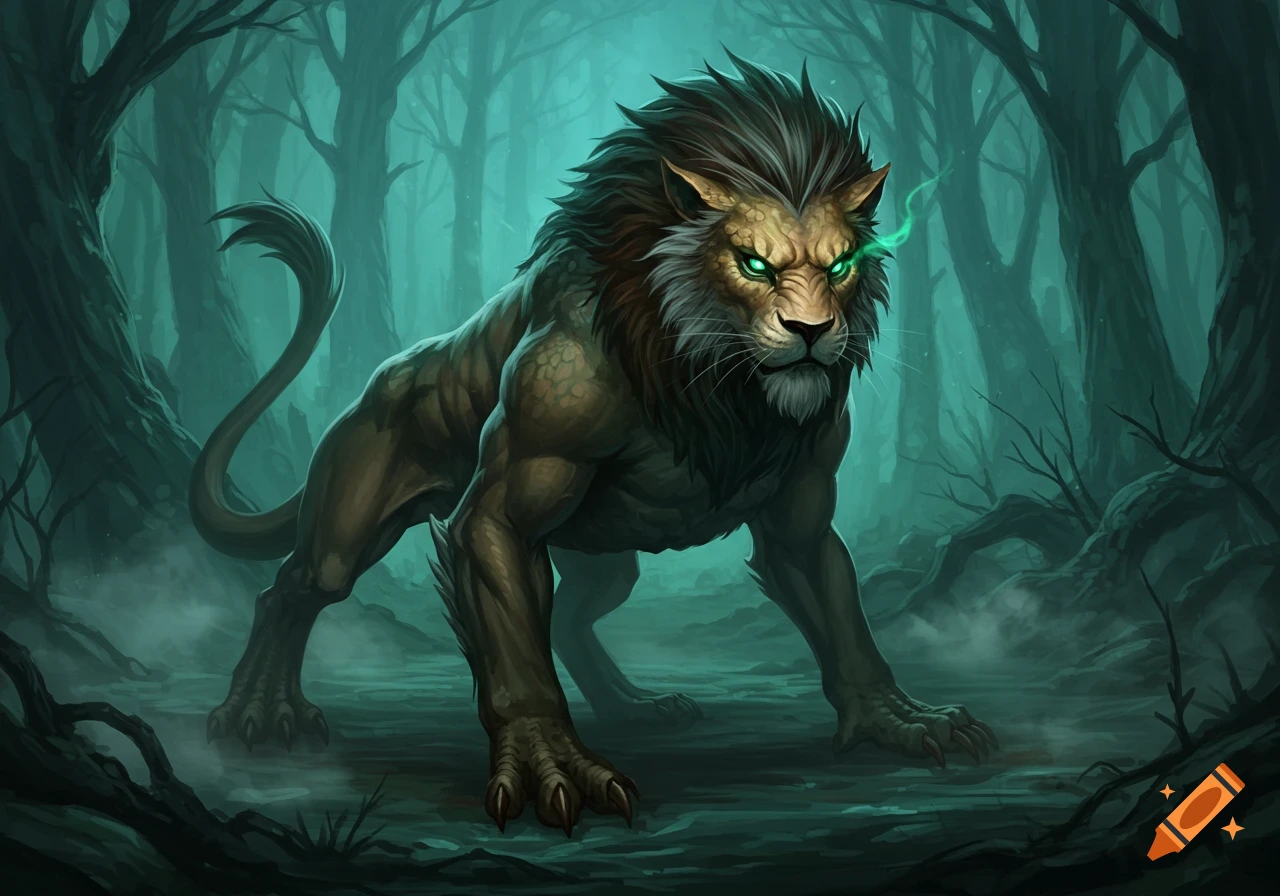 A fierce, green-eyed, lion-like beast with scaly skin stands in a dark, misty forest.