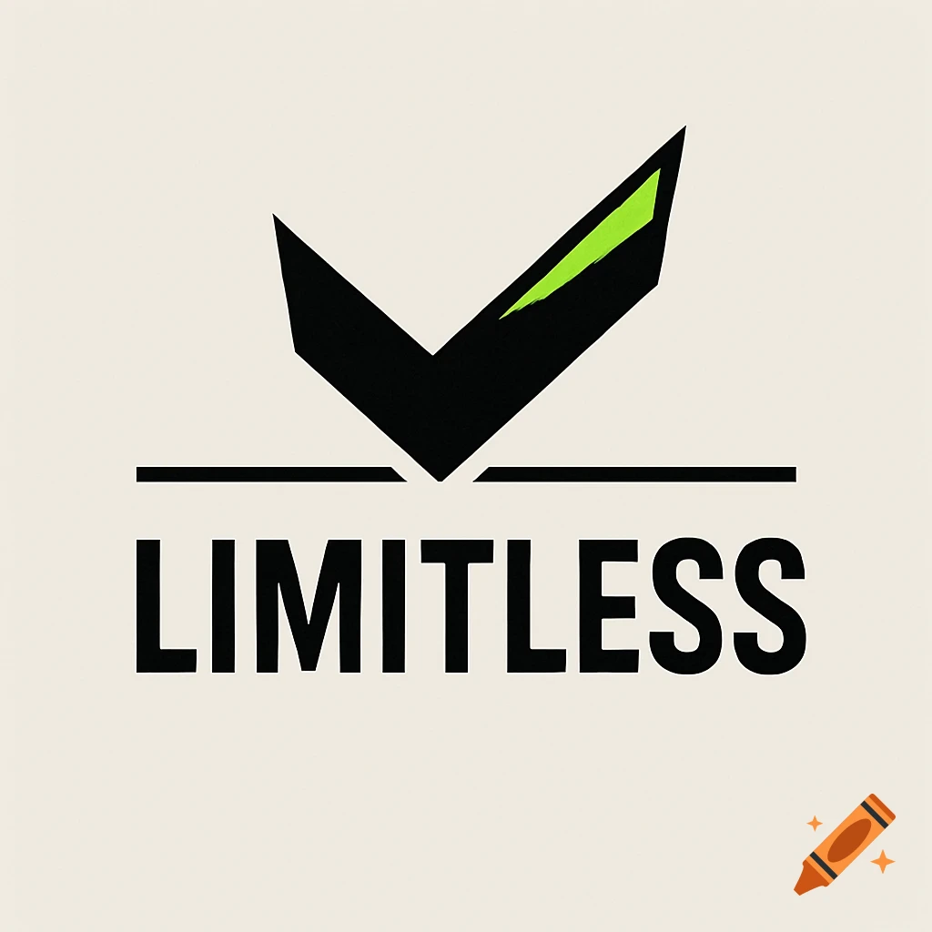 A minimalist logo with a black geometric chevron, green highlight, and the word LIMITLESS on a light background.