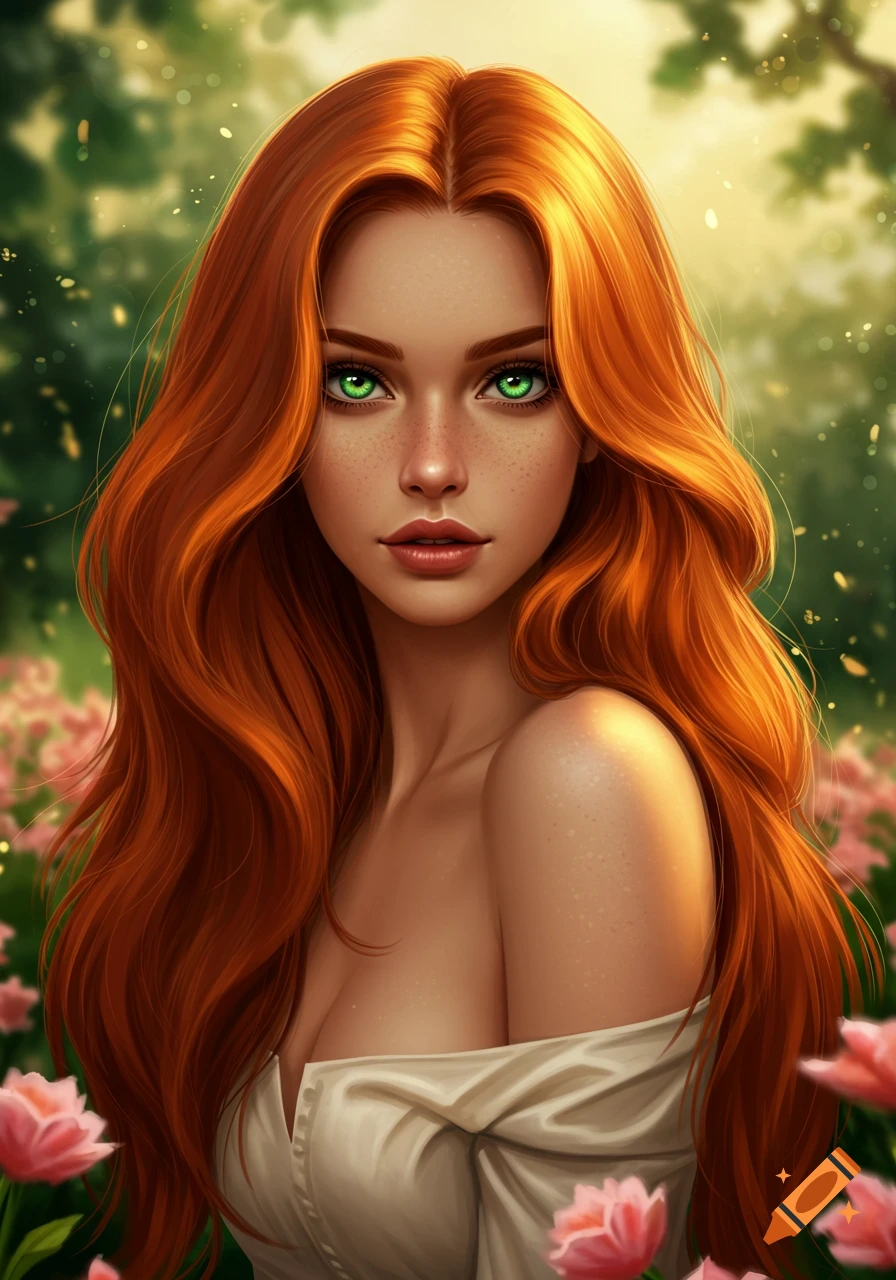 A close-up digital painting of a woman with long, flowing auburn hair and bright green eyes, set in a soft, sunlit garden.