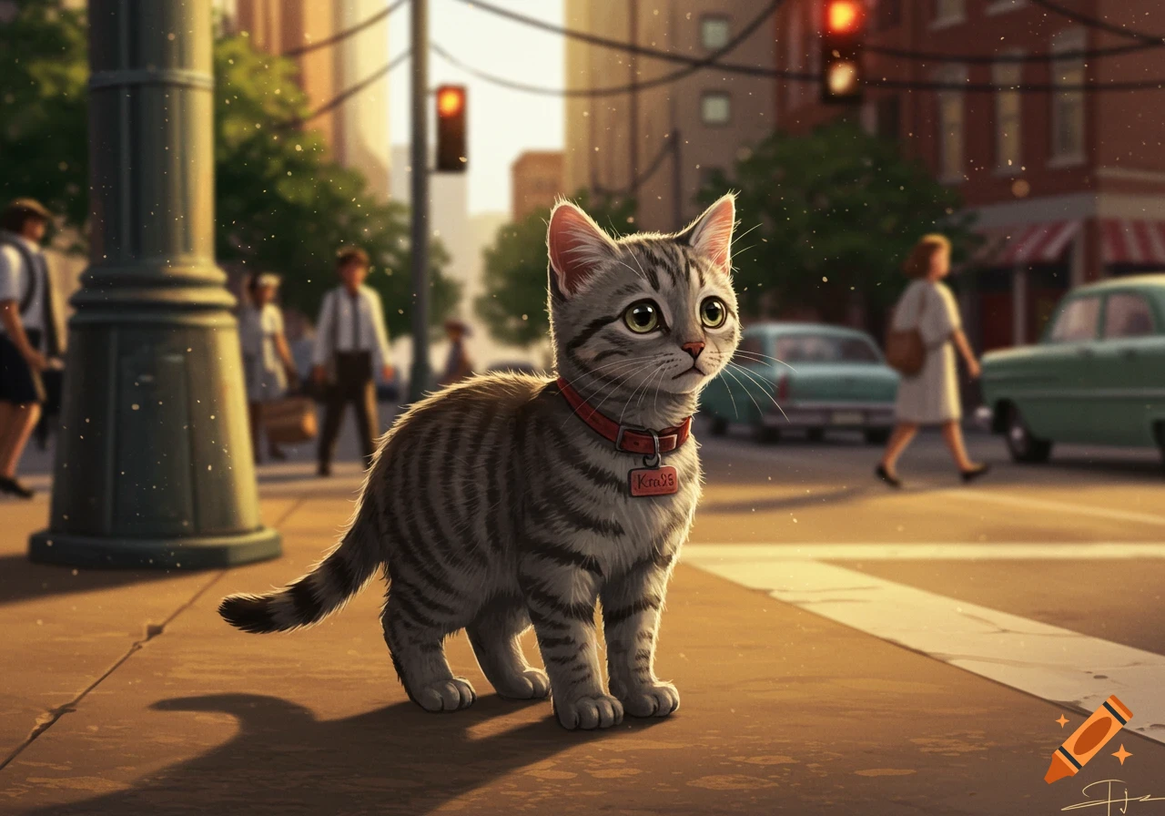 A grey tabby kitten with a red collar stands on a sunlit city sidewalk, looking up. People and cars are blurred in the background.