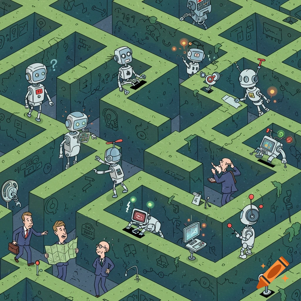 Humorous cartoon of executives navigating a green maze with AI robots altering paths and interacting with them.