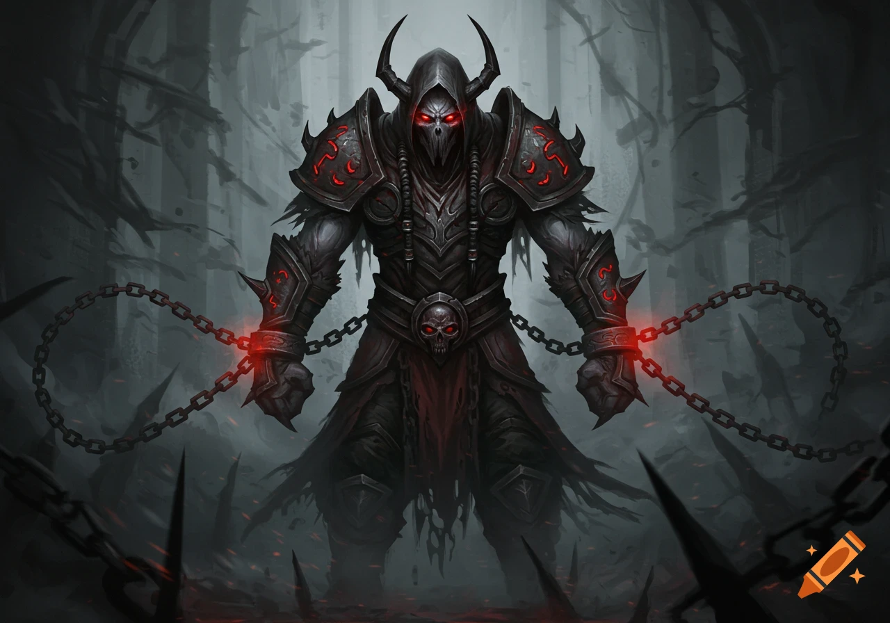 A dark, armored figure with glowing red eyes and chains stands in a spooky forest, in a gothic fantasy art style.