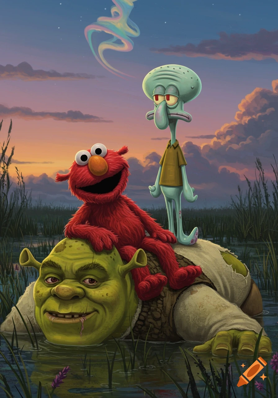 Elmo sits on Shrek in a swamp at sunset, with Squidward standing behind them. A colorful cloud spirals in the sky. Illustrated style.