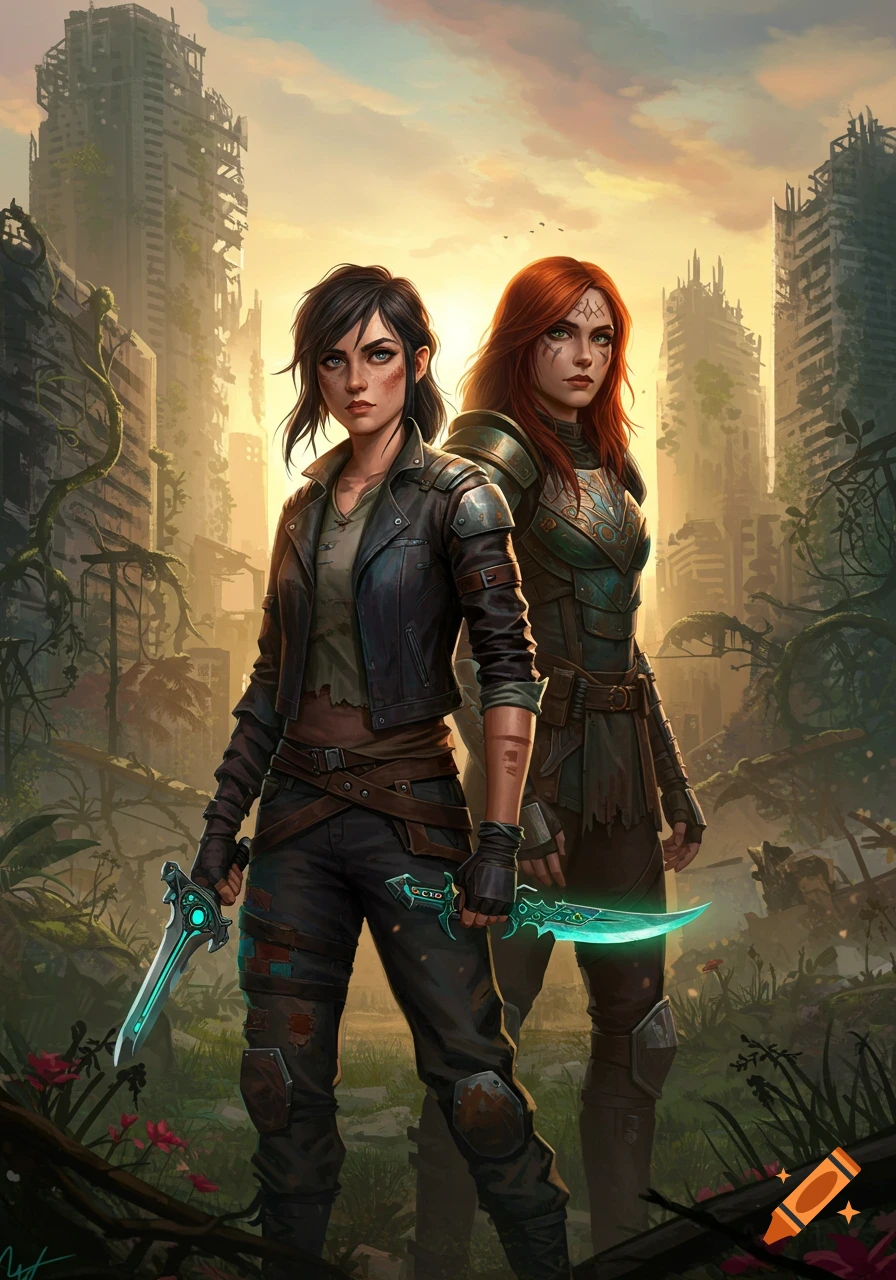 Two female warriors, one with dark hair holding glowing daggers, one with red hair and armor, stand in a ruined city at sunset.