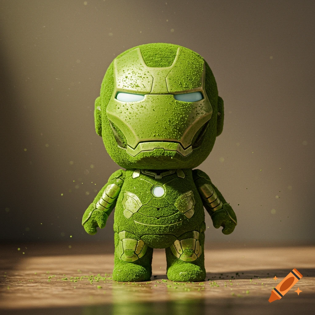 A detailed photorealistic image of a small, green Iron Man-like doll made of matcha powder with metallic parts, standing on a wooden surface.