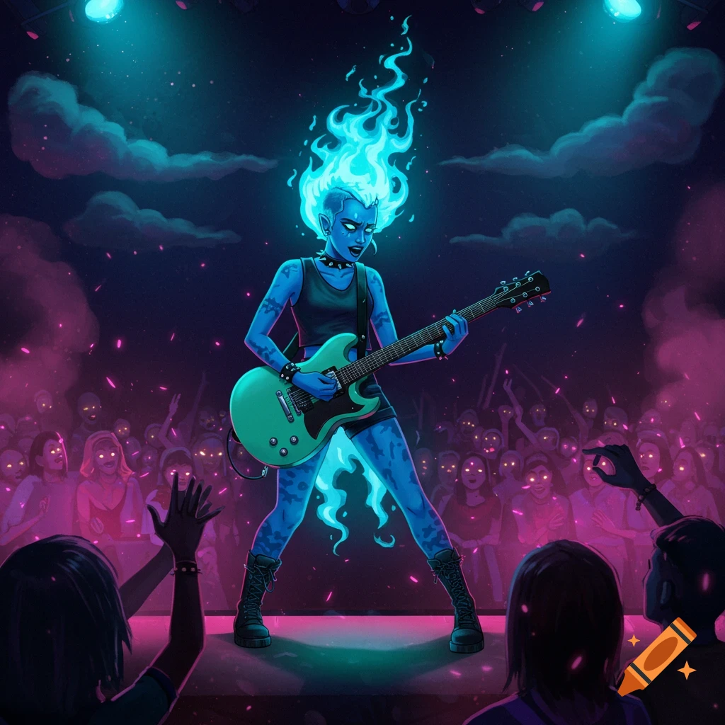 Blue-skinned character with fiery blue hair plays an electric guitar on stage for a crowd with glowing eyes in a vibrant cartoon style.